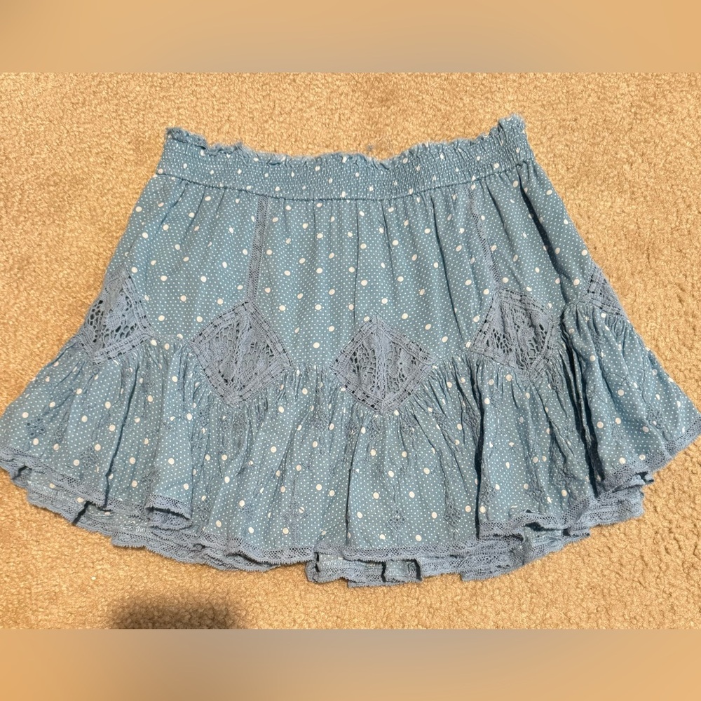 LoveShackFancy mini skirt size S, blue with white dots.
